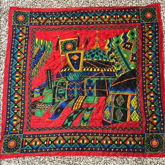 Vintage Ginnie Johansen Vibrant Red and Blue Scarf with Geometric Patterns - Picture 2 of 5